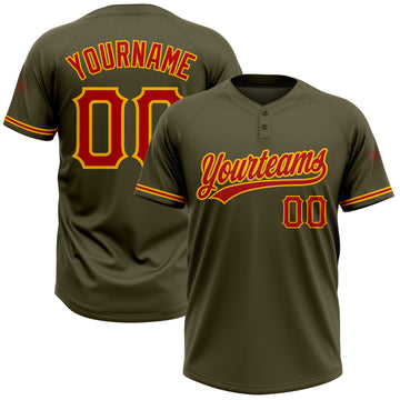 Custom Olive Red-Gold Salute To Service Two-Button Unisex Softball Jersey