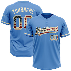 Custom Powder Blue Vintage USA Flag-Cream Two-Button Unisex Softball Jersey