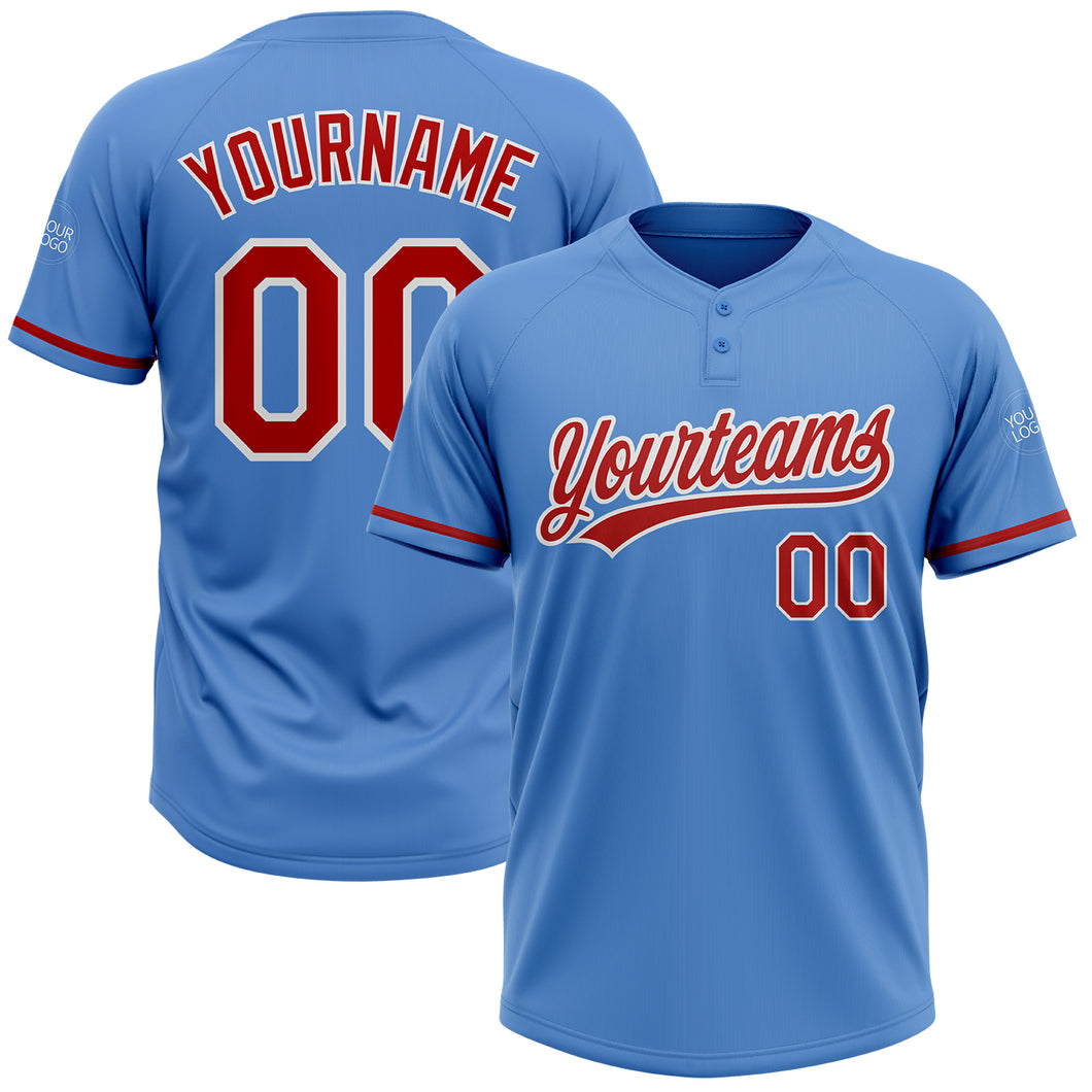 Custom Powder Blue Red-White Two-Button Unisex Softball Jersey