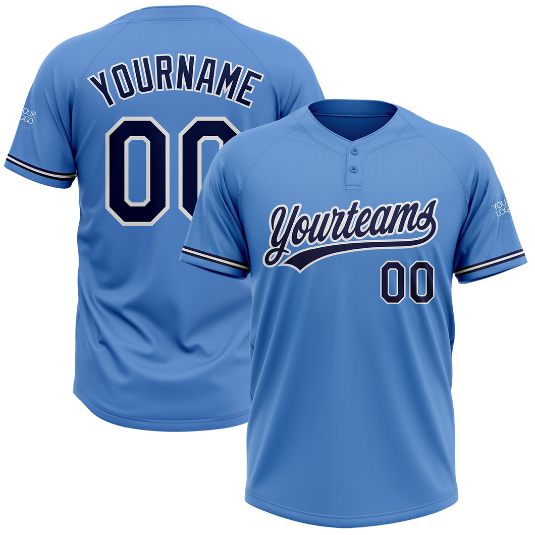 Custom Powder Blue Navy-White Two-Button Unisex Softball Jersey