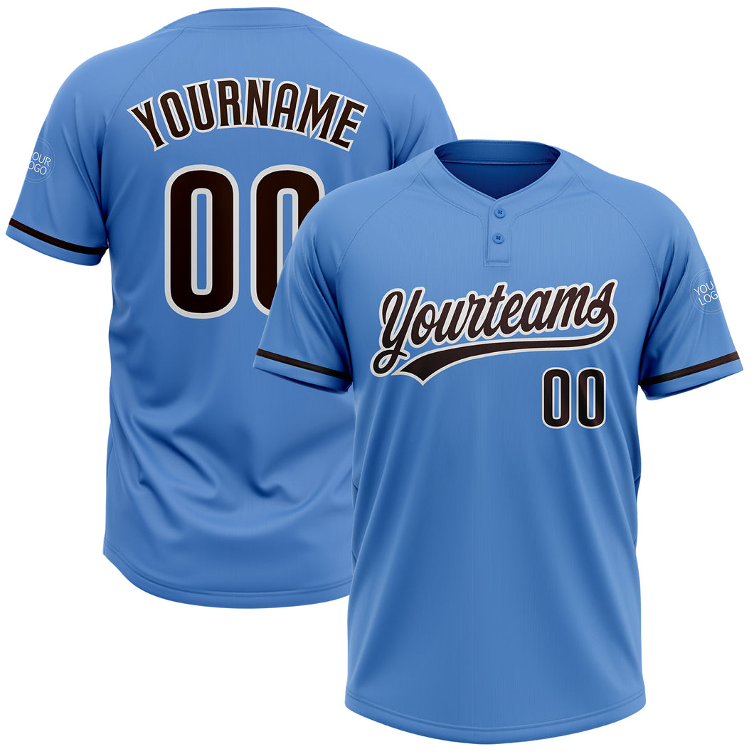 Custom Powder Blue Brown-White Two-Button Unisex Softball Jersey