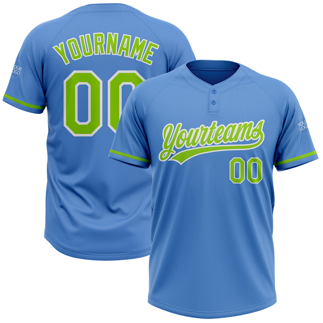 Custom Powder Blue Neon Green-White Two-Button Unisex Softball Jersey