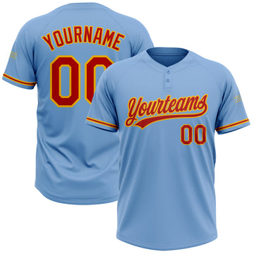 Custom Light Blue Red-Gold Two-Button Unisex Softball Jersey