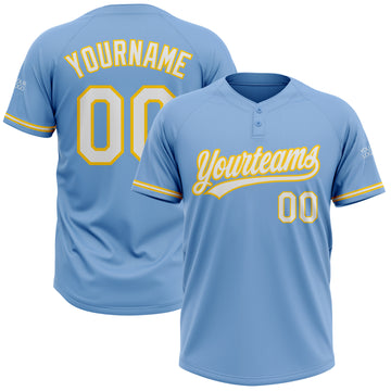 Custom Light Blue White-Yellow Two-Button Unisex Softball Jersey