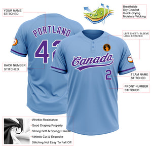 Custom Light Blue Purple-White Two-Button Unisex Softball Jersey