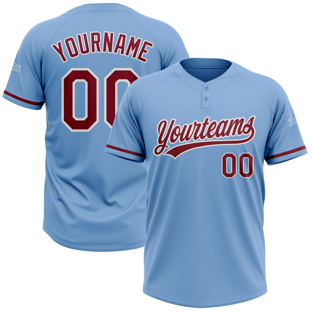 Custom Light Blue Crimson-White Two-Button Unisex Softball Jersey