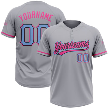 Custom Gray Light Blue Black-Pink Two-Button Unisex Softball Jersey