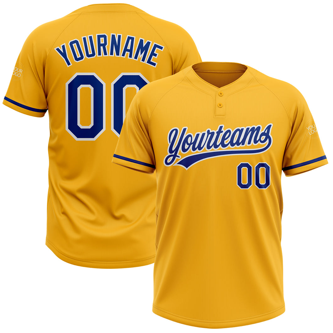 Custom Gold Royal-White Two-Button Unisex Softball Jersey