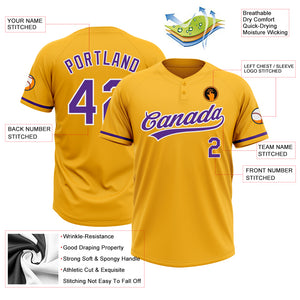 Custom Gold Purple-White Two-Button Unisex Softball Jersey