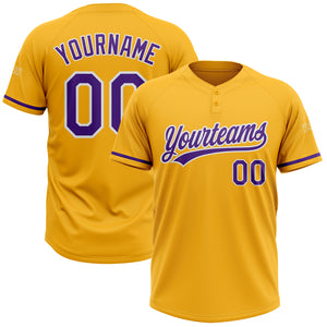 Custom Gold Purple-White Two-Button Unisex Softball Jersey