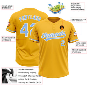 Custom Gold Light Blue-White Two-Button Unisex Softball Jersey