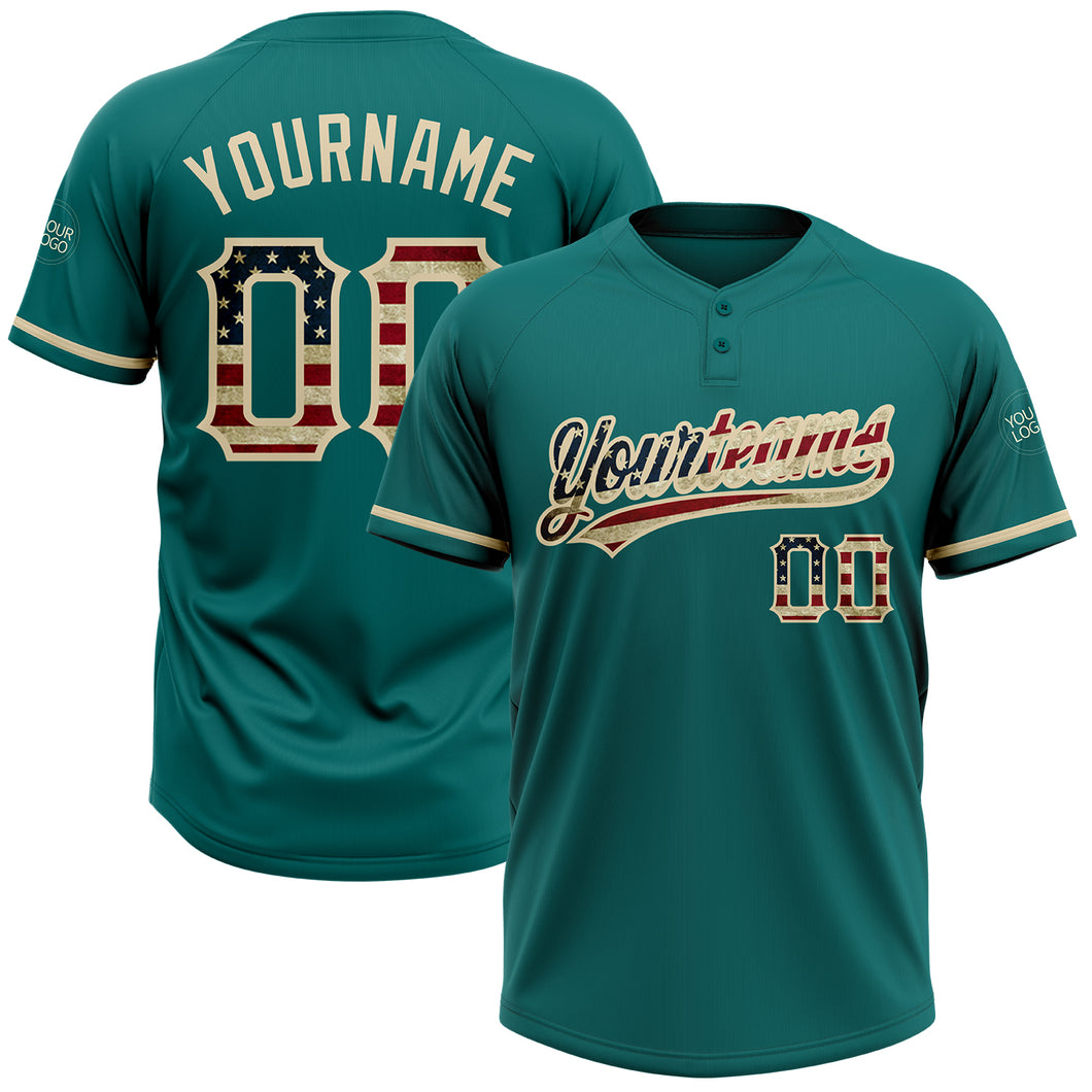 Custom Teal Vintage USA Flag-City Cream Two-Button Unisex Softball Jersey