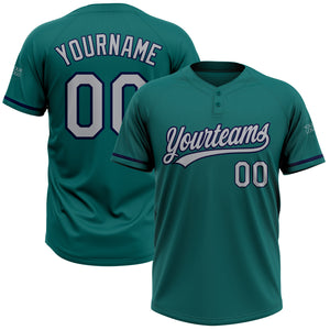 Custom Teal Gray-Navy Two-Button Unisex Softball Jersey