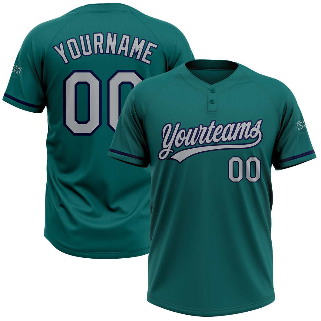 Custom Teal Gray-Navy Two-Button Unisex Softball Jersey