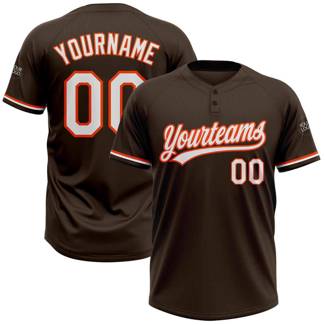 Custom Brown White-Orange Two-Button Unisex Softball Jersey