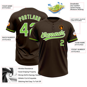 Custom Brown Neon Green-White Two-Button Unisex Softball Jersey