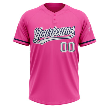 Custom Pink White-Navy Two-Button Unisex Softball Jersey