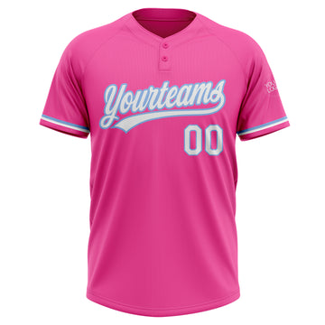 Custom Pink White-Light Blue Two-Button Unisex Softball Jersey