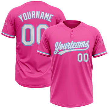 Custom Pink White-Light Blue Two-Button Unisex Softball Jersey