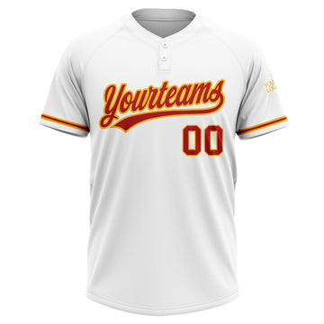 Custom White Red-Gold Two-Button Unisex Softball Jersey