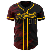 Load image into Gallery viewer, Custom Black Crimson Splash Ink Gold Authentic Baseball Jersey
