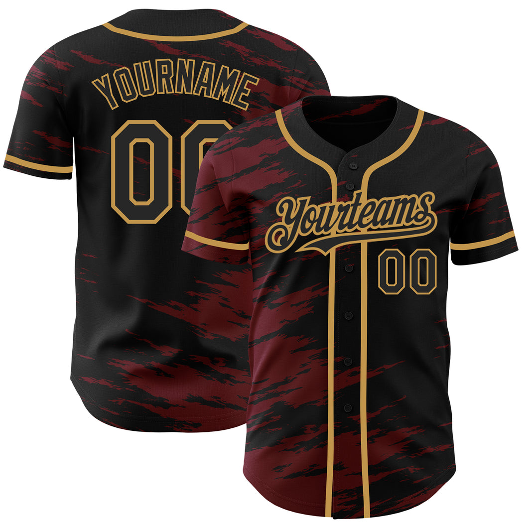 Custom Black Crimson Splash Ink Old Gold Authentic Baseball Jersey