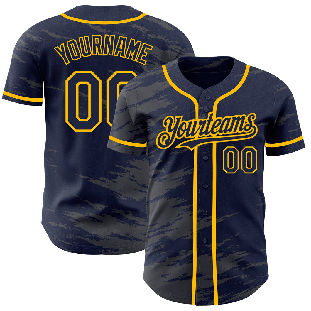 Custom Navy Steel Gray Splash Ink Gold Authentic Baseball Jersey