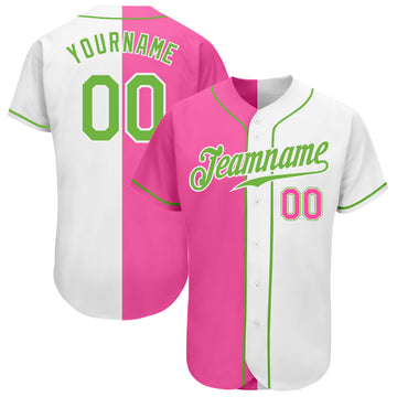 Custom White Neon Green-Pink Authentic Split Fashion Baseball Jersey