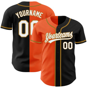 Custom Black White Orange-Old Gold Authentic Split Fashion Baseball Jersey