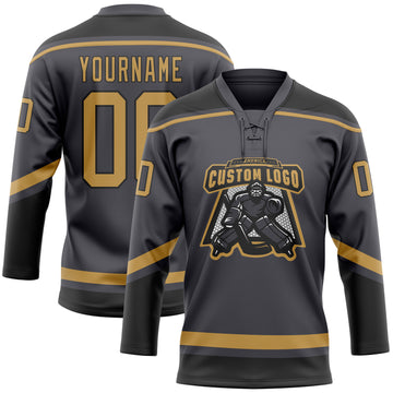 Custom Steel Gray Old Gold-Black Hockey Lace Neck Jersey