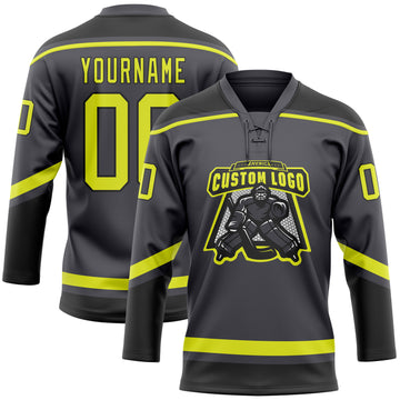 Custom Steel Gray Neon Yellow-Black Hockey Lace Neck Jersey