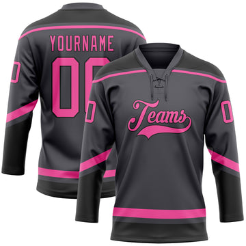 Custom Steel Gray Pink-Black Hockey Lace Neck Jersey