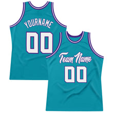 Load image into Gallery viewer, Custom Teal White-Purple Authentic Throwback Basketball Jersey
