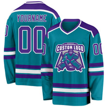Load image into Gallery viewer, Custom Teal Purple-White Hockey Jersey
