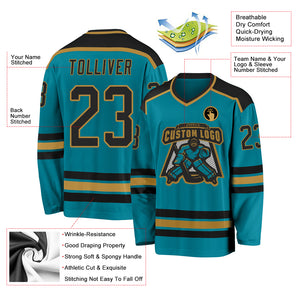 Custom Teal Black-Old Gold Hockey Jersey