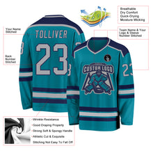 Load image into Gallery viewer, Custom Teal Gray-Navy Hockey Jersey
