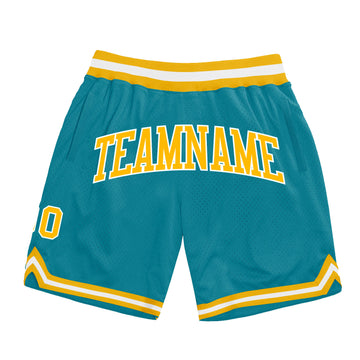 Custom Teal Gold-White Authentic Throwback Basketball Shorts