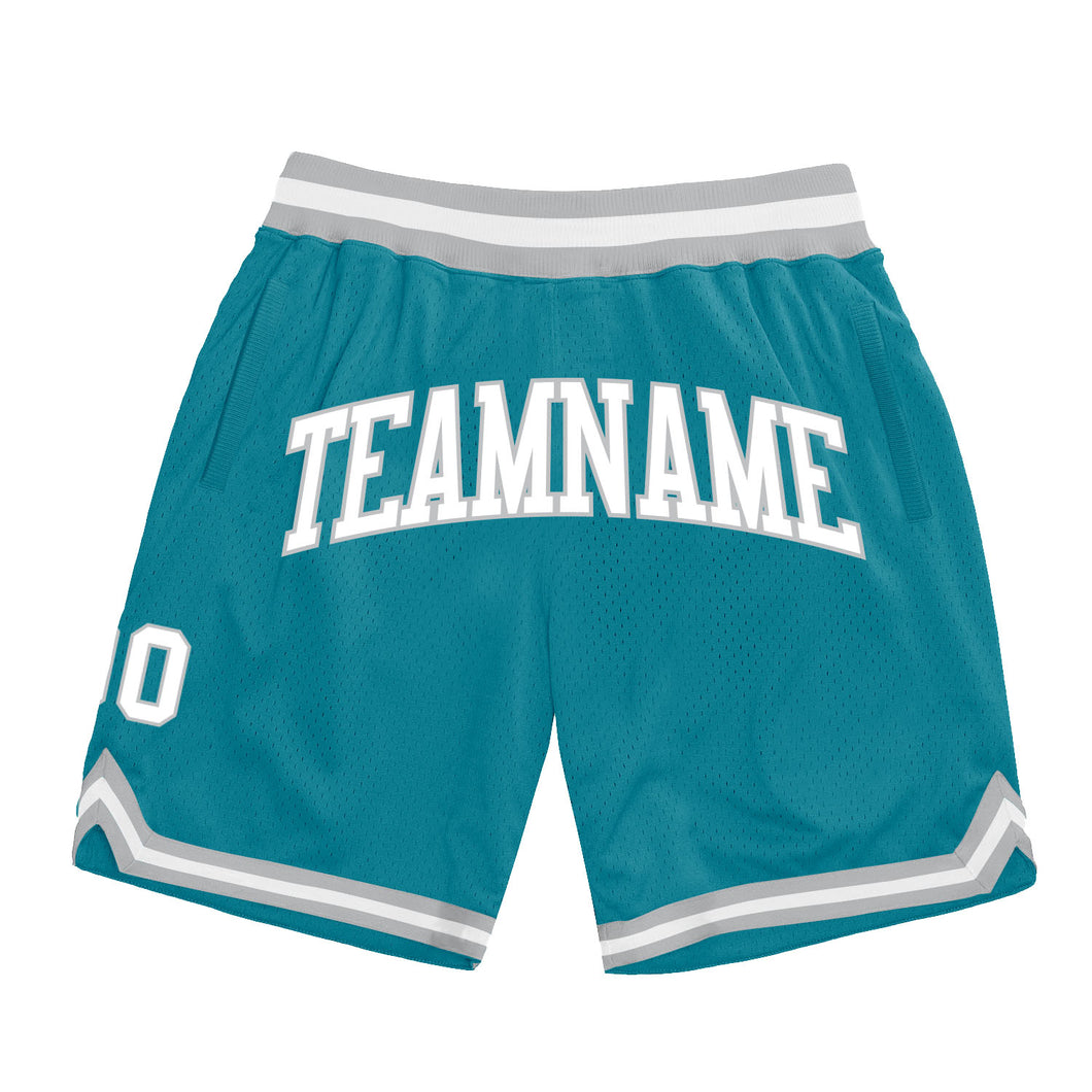 Custom Teal White-Gray Authentic Throwback Basketball Shorts