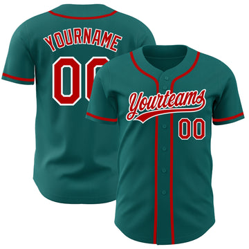 Custom Teal Red-White Authentic Baseball Jersey