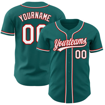 Custom Teal White-Red Authentic Baseball Jersey