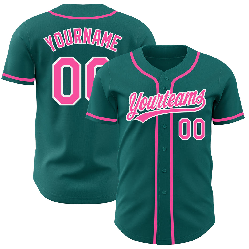 Custom Teal Pink-White Authentic Baseball Jersey