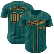 Load image into Gallery viewer, Custom Teal Black Pinstripe Black-Old Gold Authentic Baseball Jersey
