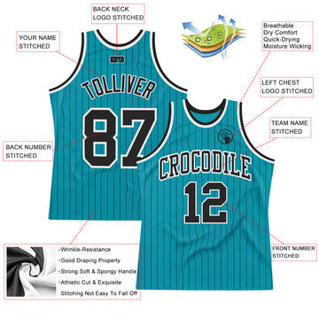 Custom Teal Black Pinstripe Black-White Authentic Basketball Jersey