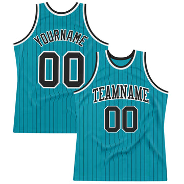 Custom Teal Black Pinstripe Black-White Authentic Basketball Jersey