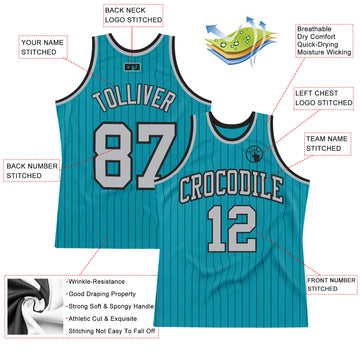 Custom Teal Black Pinstripe Gray Authentic Basketball Jersey