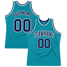 Load image into Gallery viewer, Custom Teal Navy Pinstripe Navy-White Authentic Basketball Jersey
