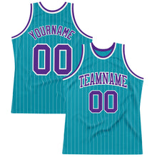 Load image into Gallery viewer, Custom Teal White Pinstripe Purple Authentic Basketball Jersey
