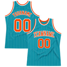 Load image into Gallery viewer, Custom Teal White Pinstripe Orange Authentic Basketball Jersey
