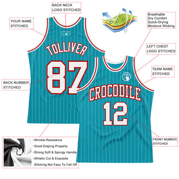 Custom Teal White Pinstripe White-Red Authentic Basketball Jersey