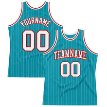 Load image into Gallery viewer, Custom Teal White Pinstripe White-Red Authentic Basketball Jersey
